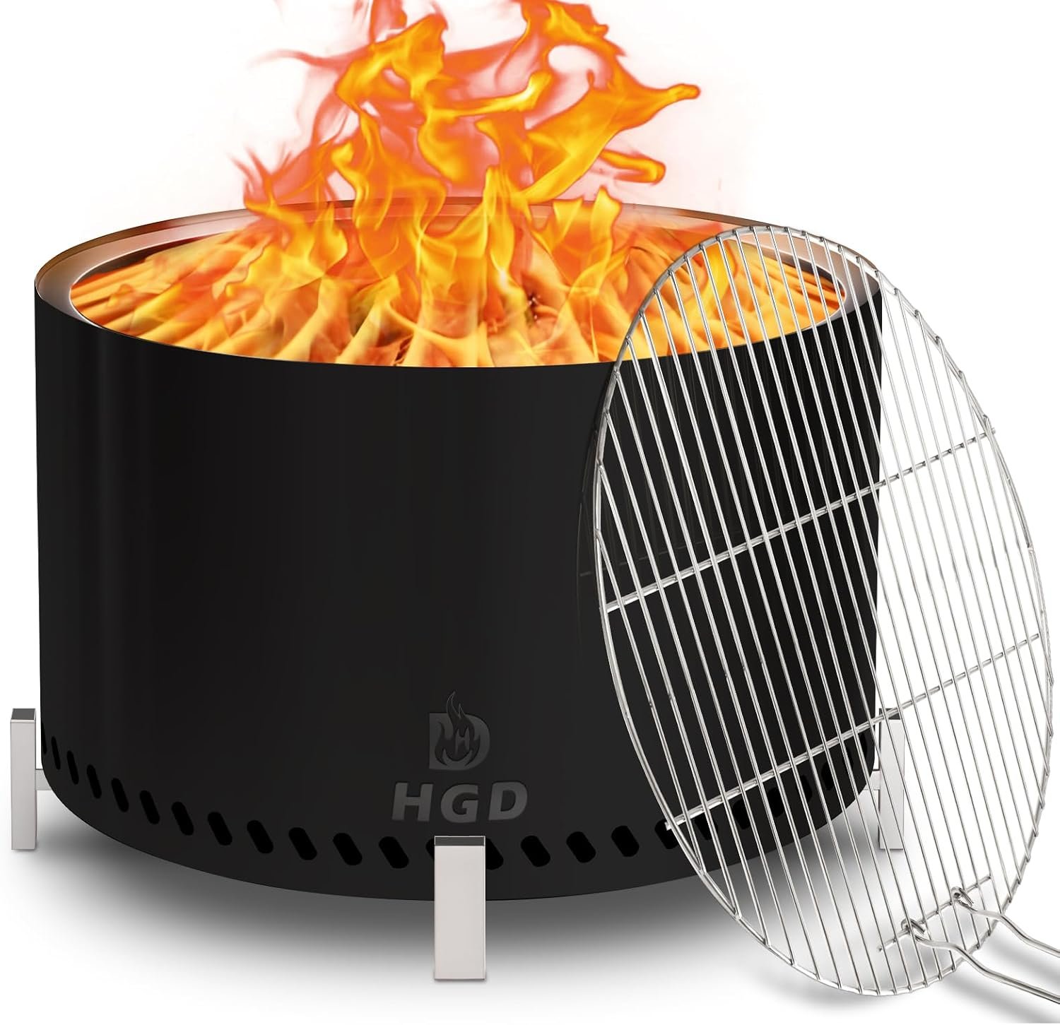 HGD 28″ Smokeless Firepit with Stand & Grill Rack, Large Stainless Steel Wood Burning Fire Pit for Gatherings, Secondary Combustion Outdoor Patio Stove for Garden BBQ & Bonfire (Black)