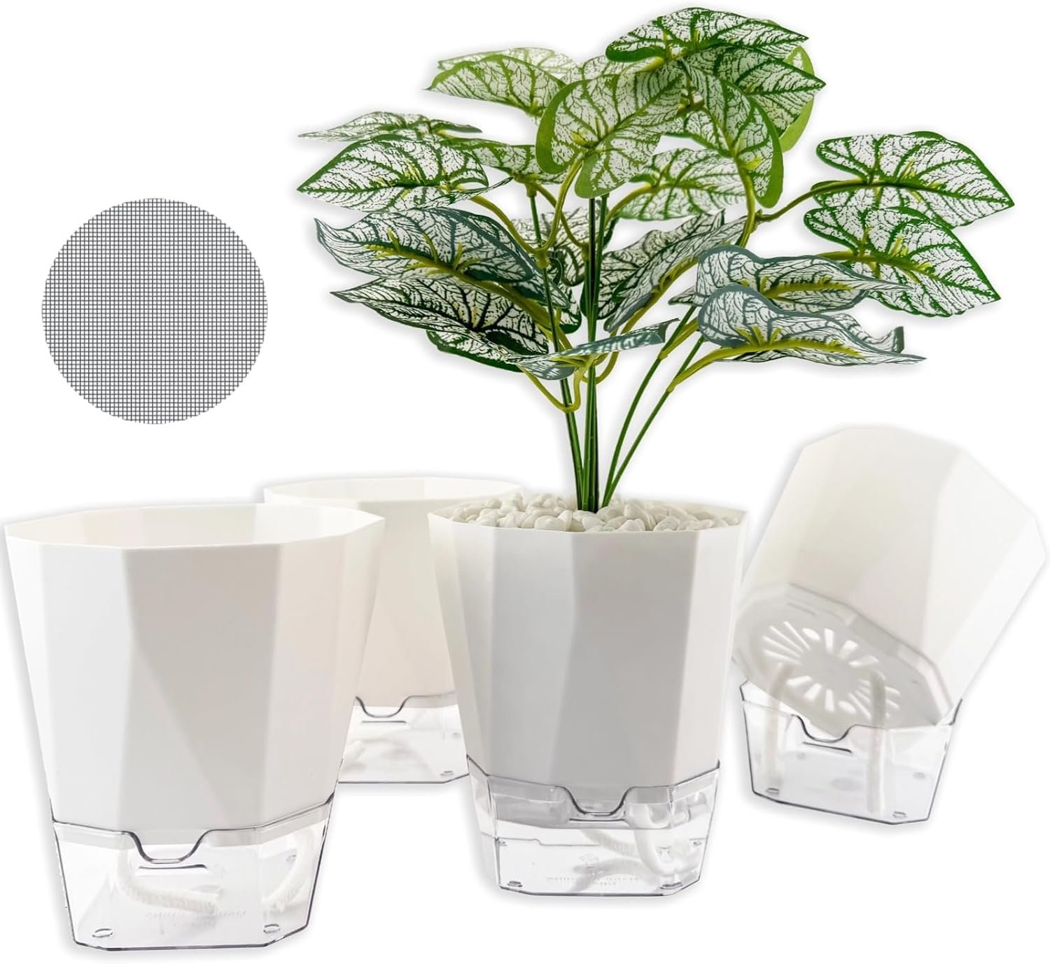 4 Packs Self Watering Plant Pots, Plastic Flower Pots with Drainage Hole and Saucer, Self Watering Planters for Indoor Outdoor Garden Plants, African Violet, Herbs (White, 5″)