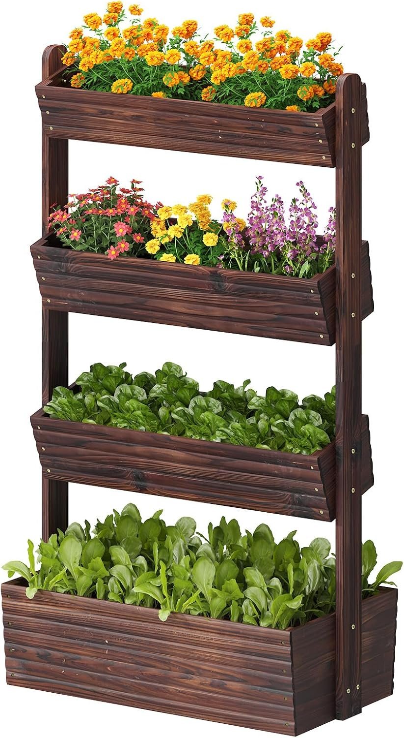 GHWIE Wooden Garden Planter Box, Raised Bed with Vertical Plant Rack, Indoor Outdoor Flower Herb Vegetable Stand (Carbonized, 4 Tier)