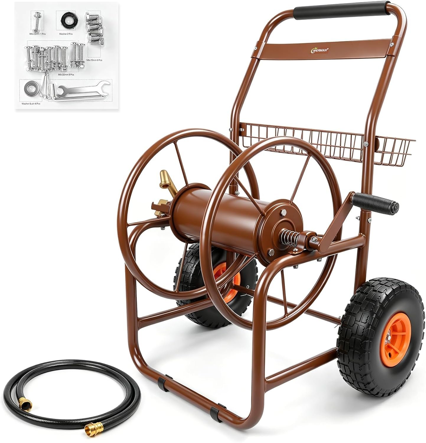 WERMAH Garden Hose Reel Cart, Heavy Duty Metal w/2 Wheels, Holds 230ft 5/8″