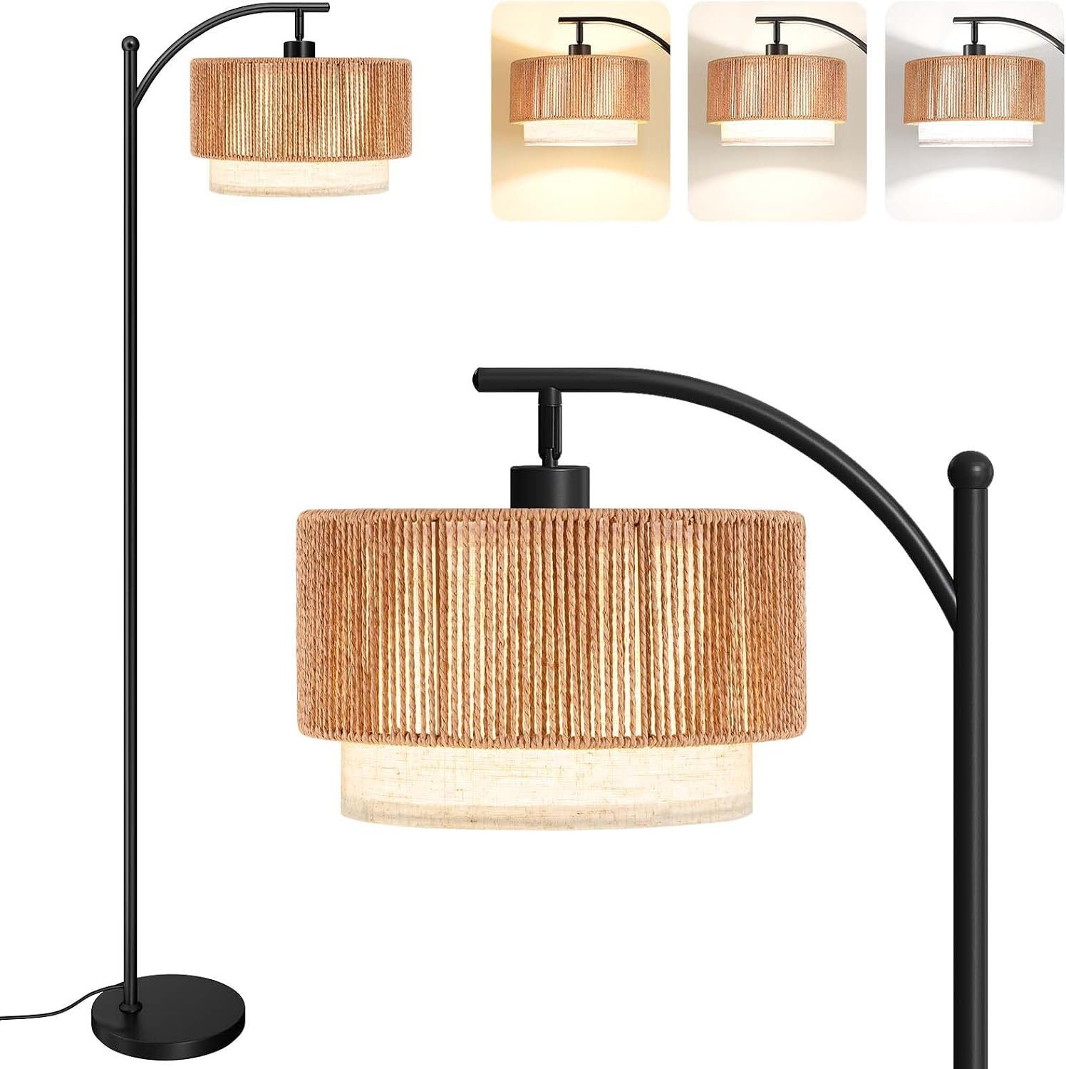 SUNMORY Arc Floor Lamps for Living Room, Rattan Standing lamp with 12W Bulb
