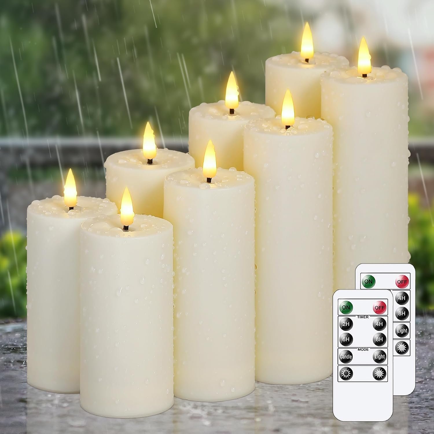 Flameless Waterproof 2.2″ x4″ 4″ 5″ 5″ 6″ 6″ 7″ 7″ Pillar Candles with Remote Control and Timer, LED Battery Operated Plastic Ivory Pack of 8 Outdoor Flickering Warm Light
