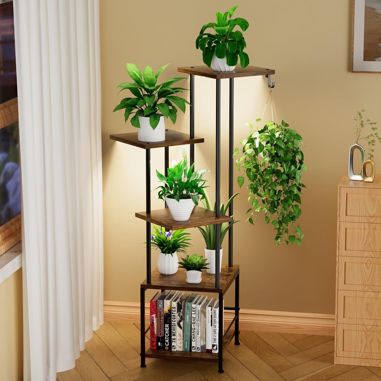 Homsorout Plant Stand Indoor with Grow Light – 5-Tier Metal Plant Shelf with Hanging Basket Hook, Corner Tall Flower Holder for Multiple Plants, Living Room Balcony Garden Patio, Rustic Brown