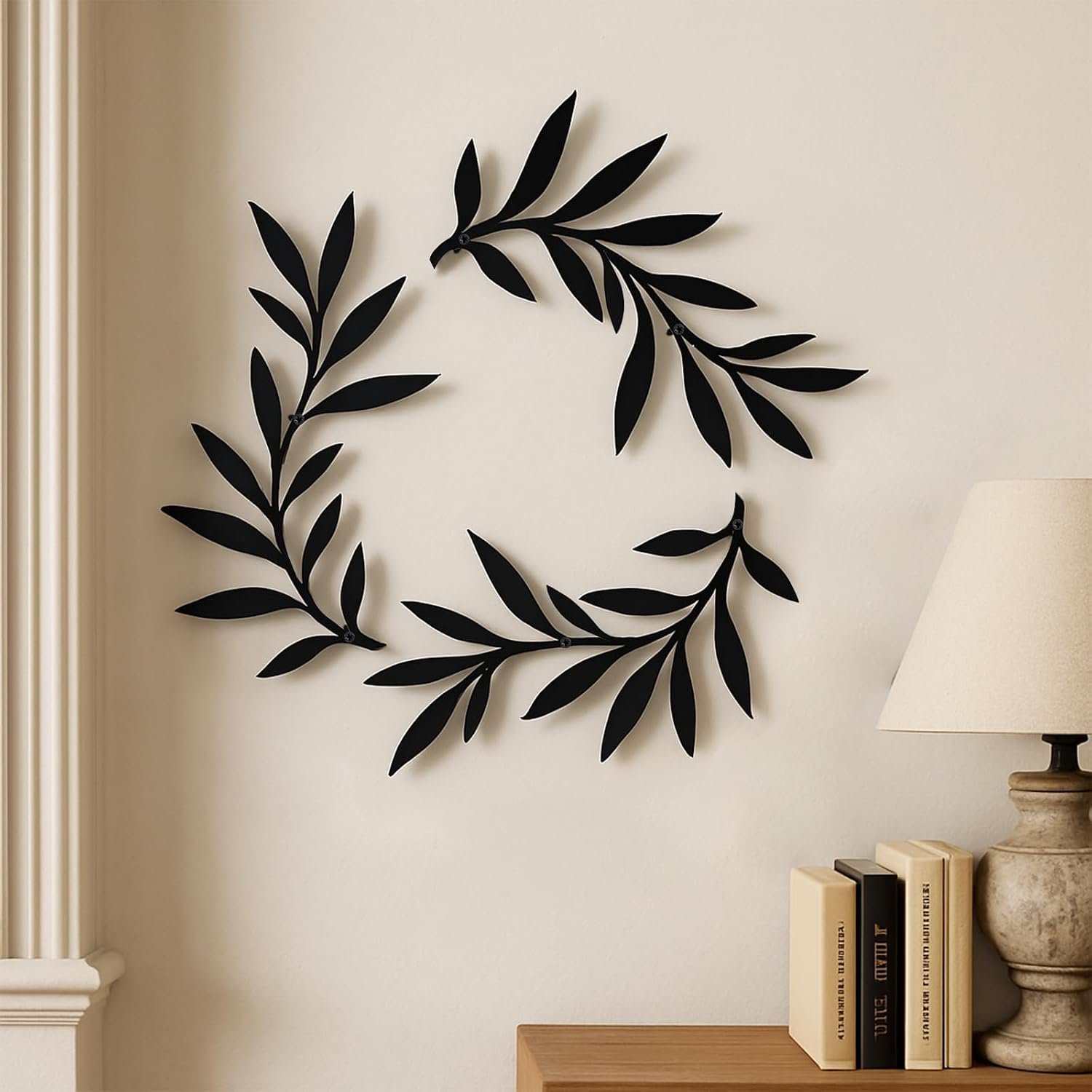 Metal Wall Art Olive Branch Decor, 15.35×12.2 Inch, 3 Piece Set with Mounting Tools, Black Modern Decorative Leaves for Bathroom, Bedroom, Living Room, Bar
