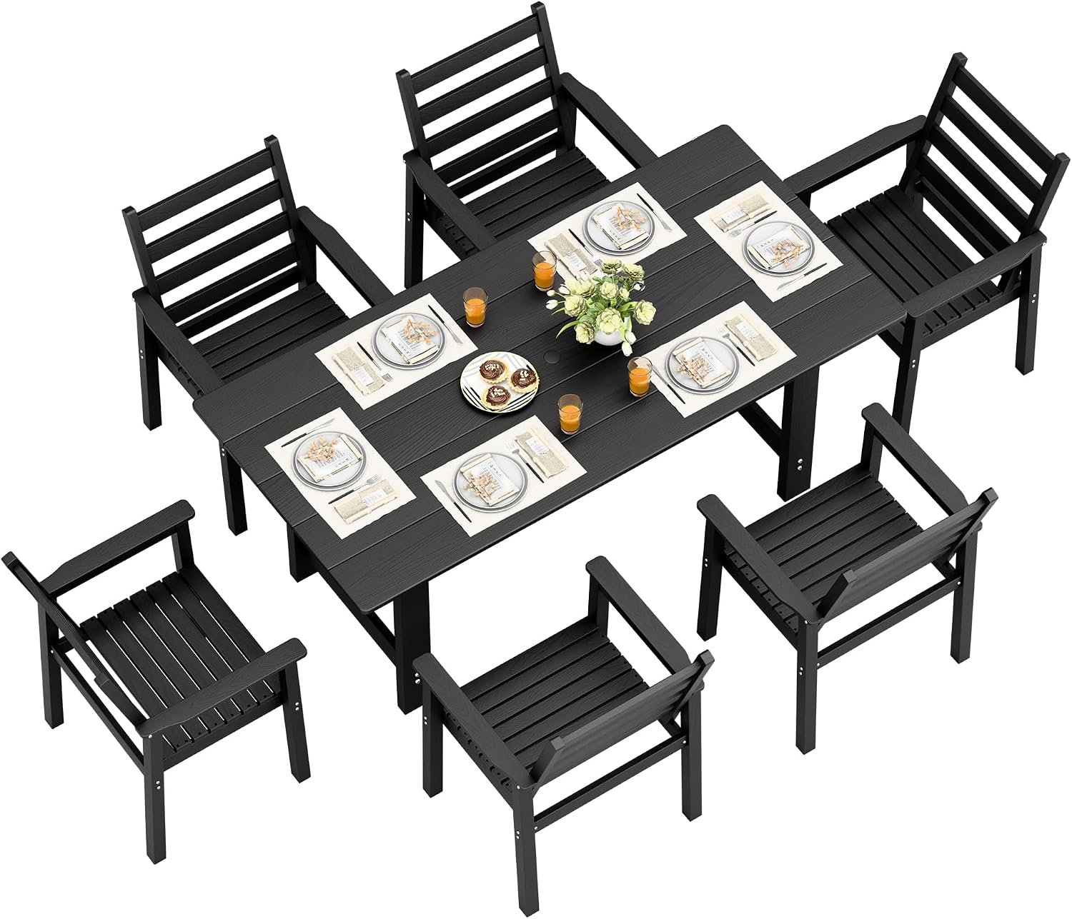 Devoko 7-Piece Patio Dining Set, 1 Umbrella Hole Table & 6 Ergonomic Chairs