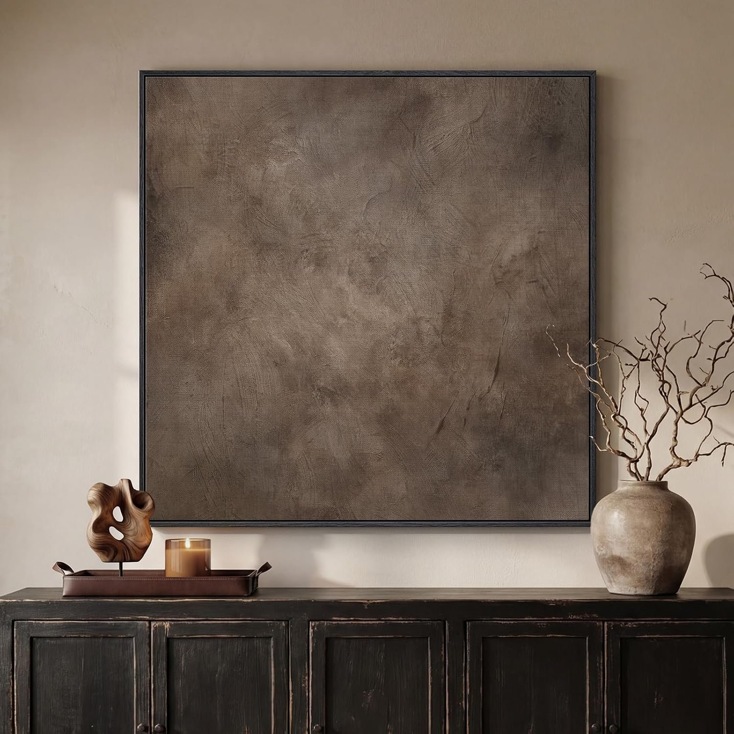 Framed Neutral Brown Abstract Canvas Wall Art for Living Room, 30×30 In