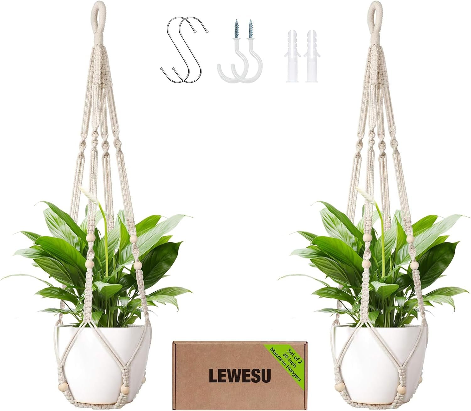 LEWESU Macrame Plant Hanger Indoor Set of 2 with 4 Hooks, Indoor Outdoor Hanging Planter for Plants Holder with Decorative Wood Beads & No Tassels, Boho Home Decor, 35 Inch Ivory (Pots Not Included)