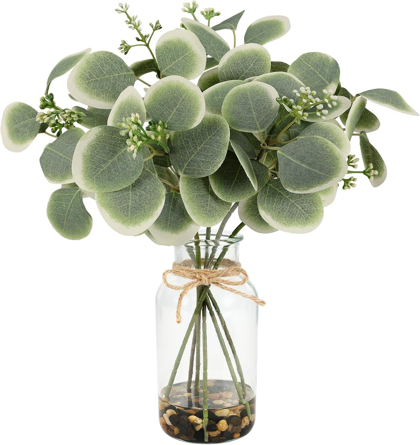 14″ Artificial Eucalyptus Stems in Glass Vase with Faux Water, Gradient