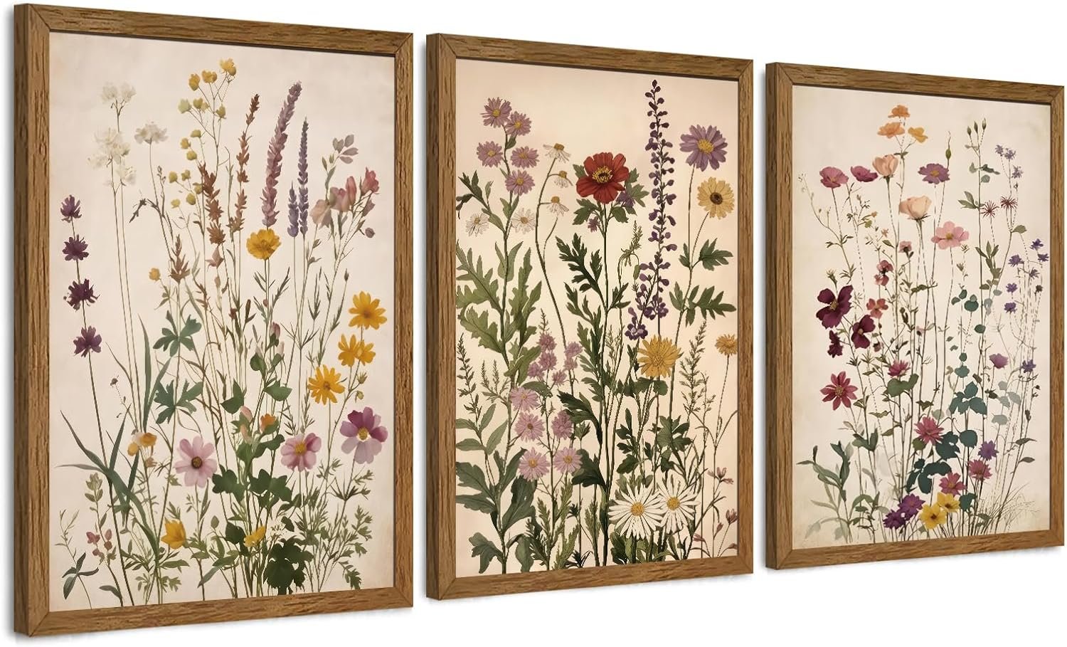 AVECCO 3 Piece Vintage Wildflower Botanical Framed Canvas Wall Art 12×16 in