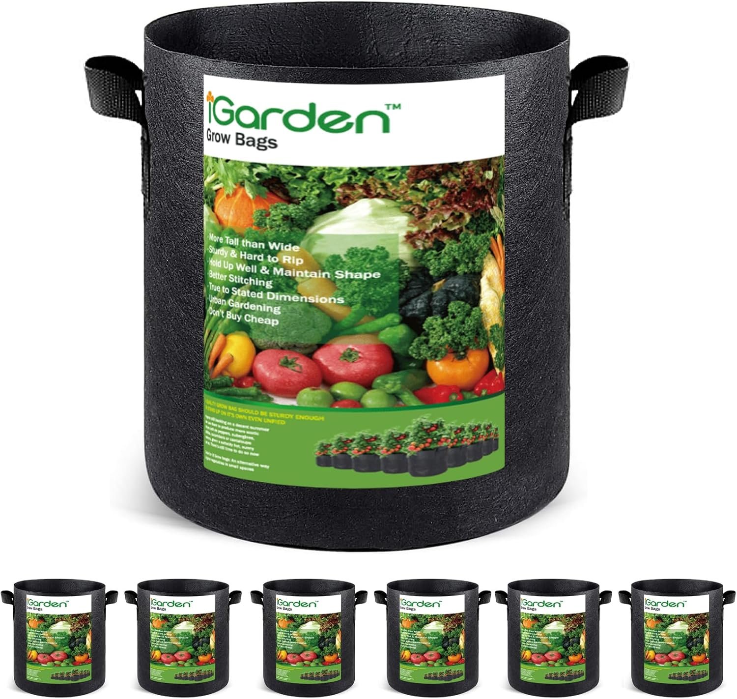 iGarden Grow Bags Tall, 10 Gallon Grow Pots 6 Pack with Handles, Heavy Duty 320G Thickened Nonwoven Fabric Plant Bag for Vegetables, Black