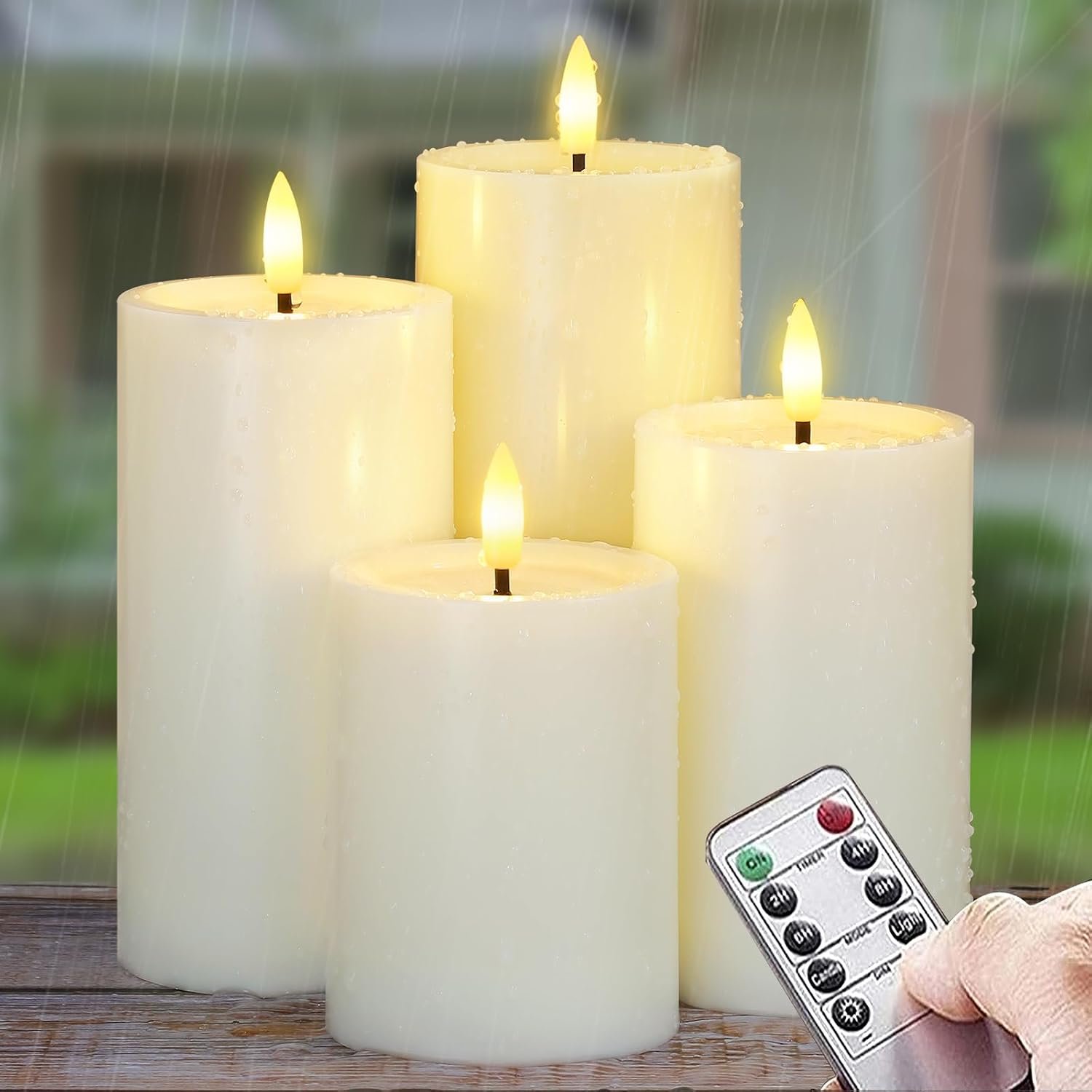 Yeelida Outdoor 4pcs Flameless Waterproof Candles with Handy Remote Control, Cycle Timer Battery Operated Candle Grease Effect LED Flickering Pillar Plastic Long Lasting (Ivory, 3″ x4″ 5″ 6″ 7″)