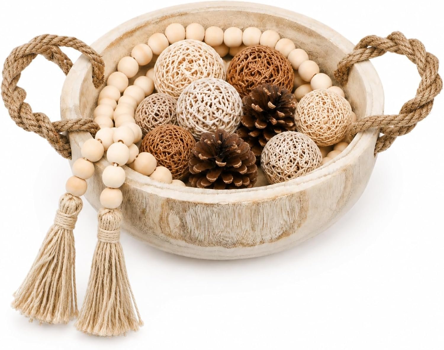Paulownia Wood Dough Bowl, Hand Caved Serving Bowl with Bead Garland