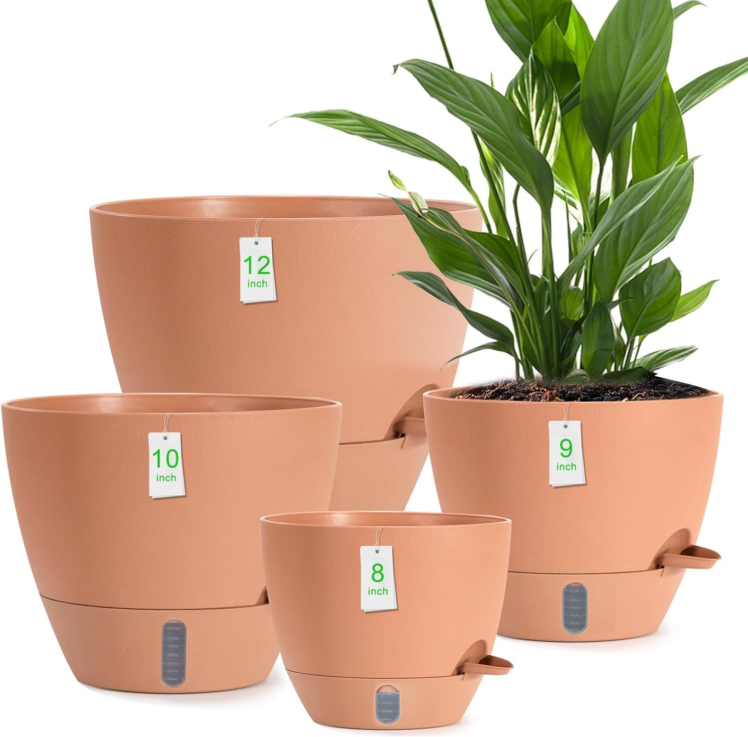 4 Pack Plant Pots,12/10/9/8/ Inch Self Watering Pots for Indoor/Outdoor Plants Deep Reservoir,Nursery Planting Pot for Indoor Out Door Plants (Terracotta,12/10/9/8/ Inch)