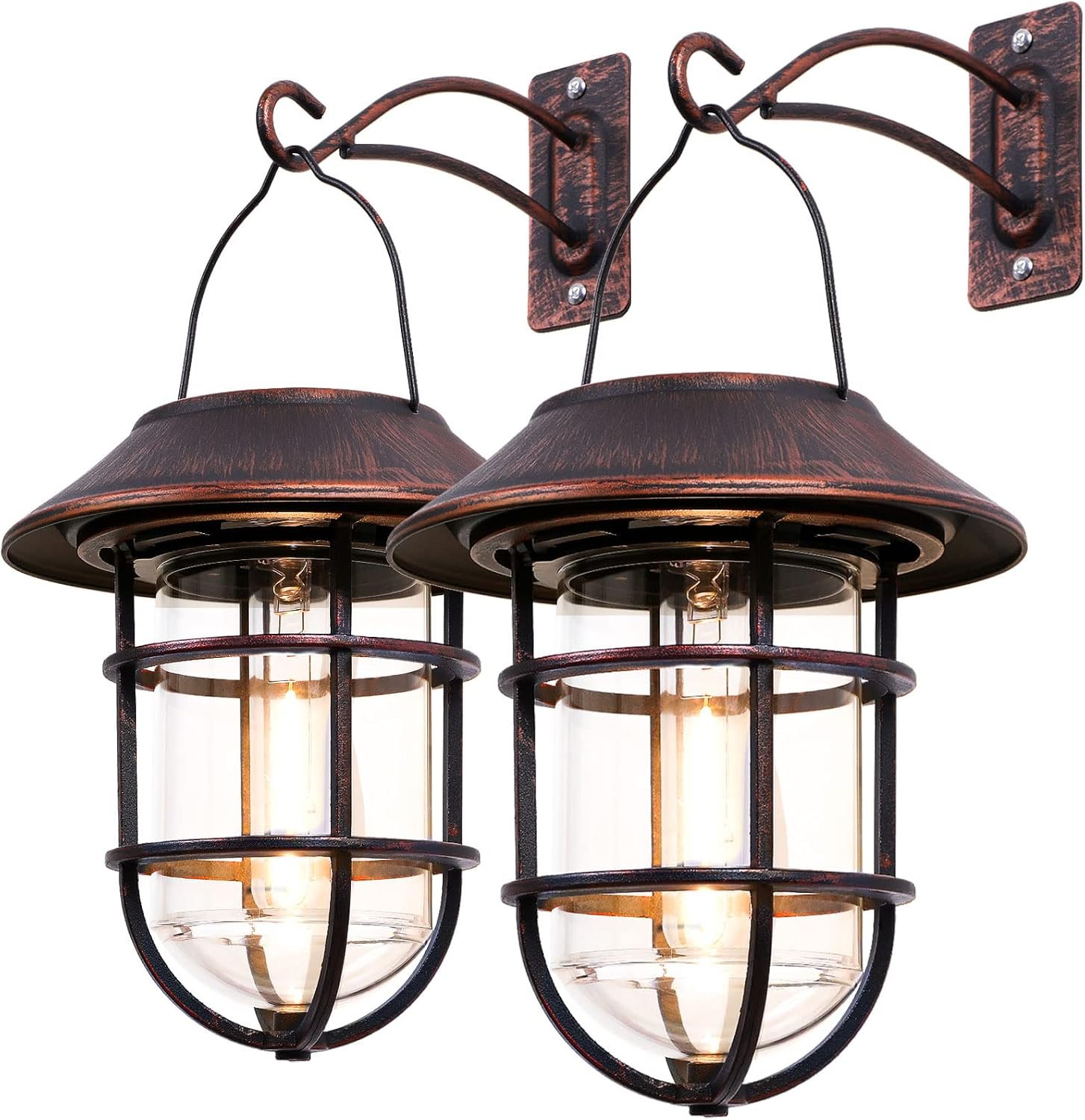 Solar Lantern Outdoor Hanging Solar Lights, Waterproof Metal Outdoor Lights with Clear Glass, LED Decorative Aluminum Wall Lantern with Hooks, Bronze