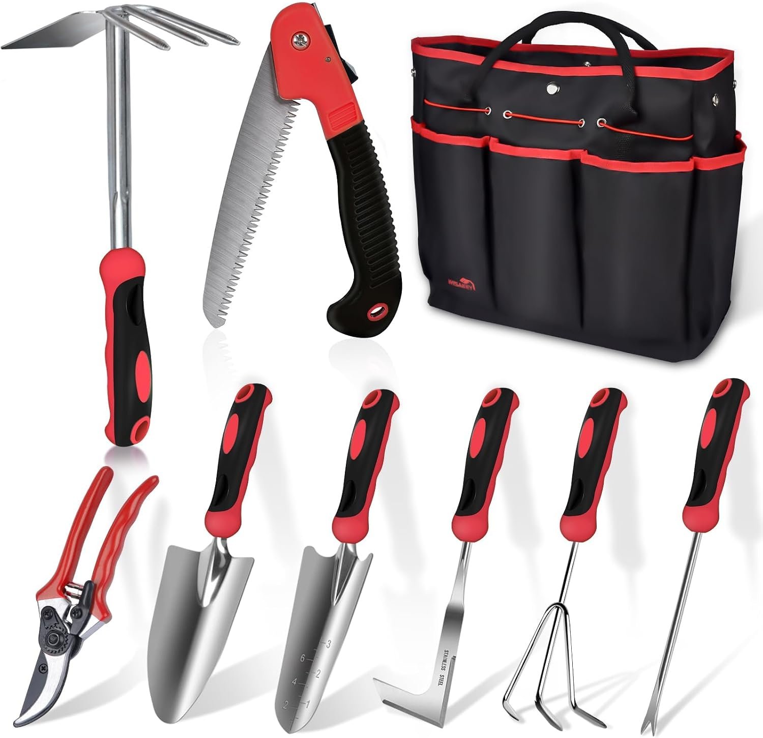WisaKey 9 Piece Gardening Tools Heavy Duty Garden Tool Set with Handbag Red