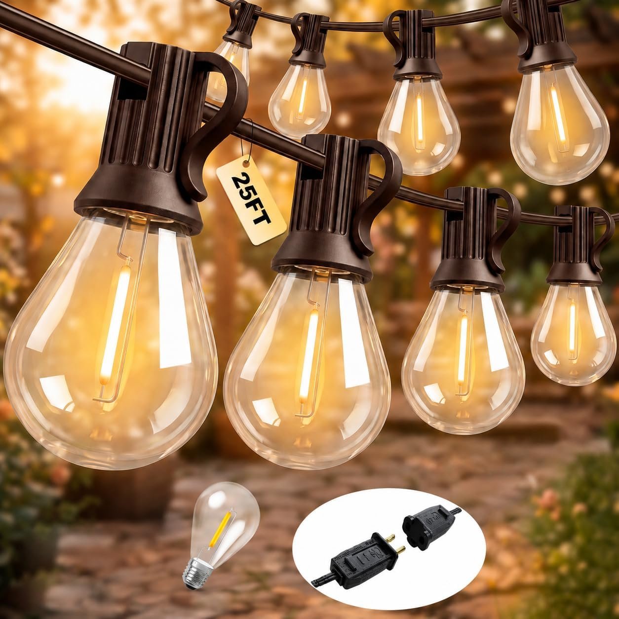 25FT Plug in Connectable Outdoor String Lights, Commercial Waterproof Shatterproof Edison Patio Lights, Dimmable Warm White Hanging Lighting for Backyard Porch Deck Balcony Garden Wedding Party Decor