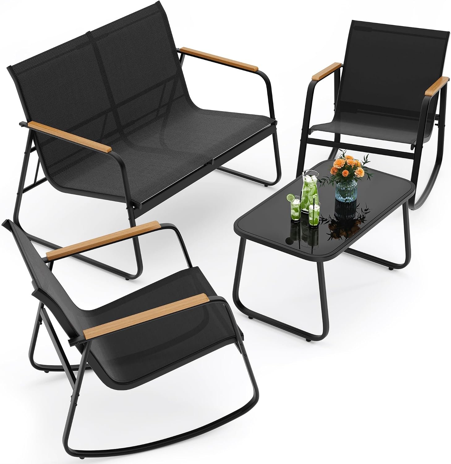 Ahomly 4-Piece Patio Furniture Set, Textilene Conversation Set, Black