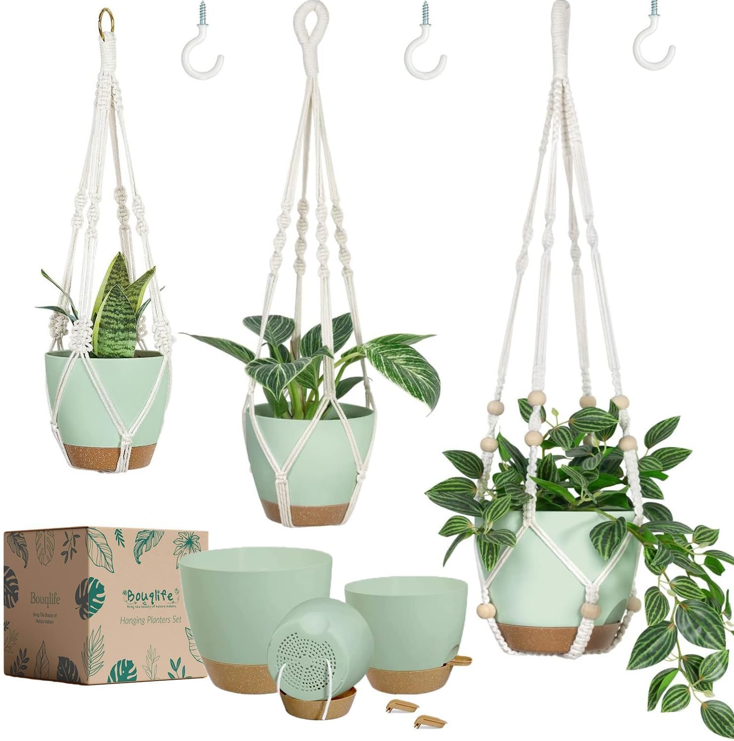 Bouqlife Self Watering Hanging Planters for Indoor Plants 3 Pack Macrame Plant Hangers with Drainage Holes Pots and Hooks for Home Garden Decor Green