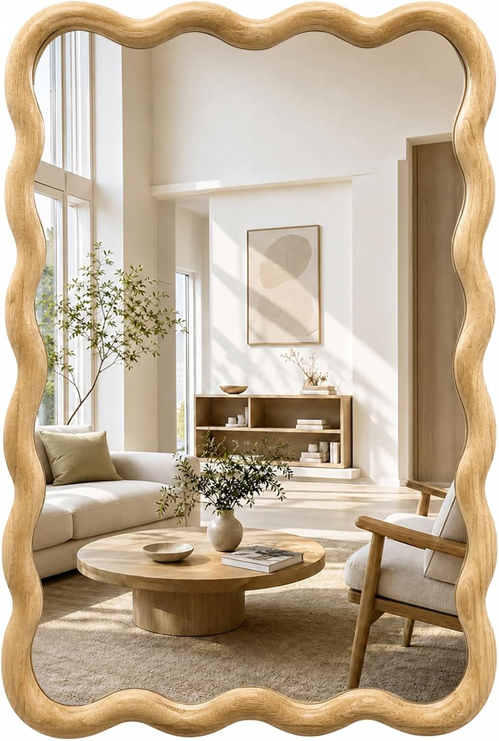 Wavy Solid Wood Mirror Boho Wall Mirror Rectangular, 20″x30″