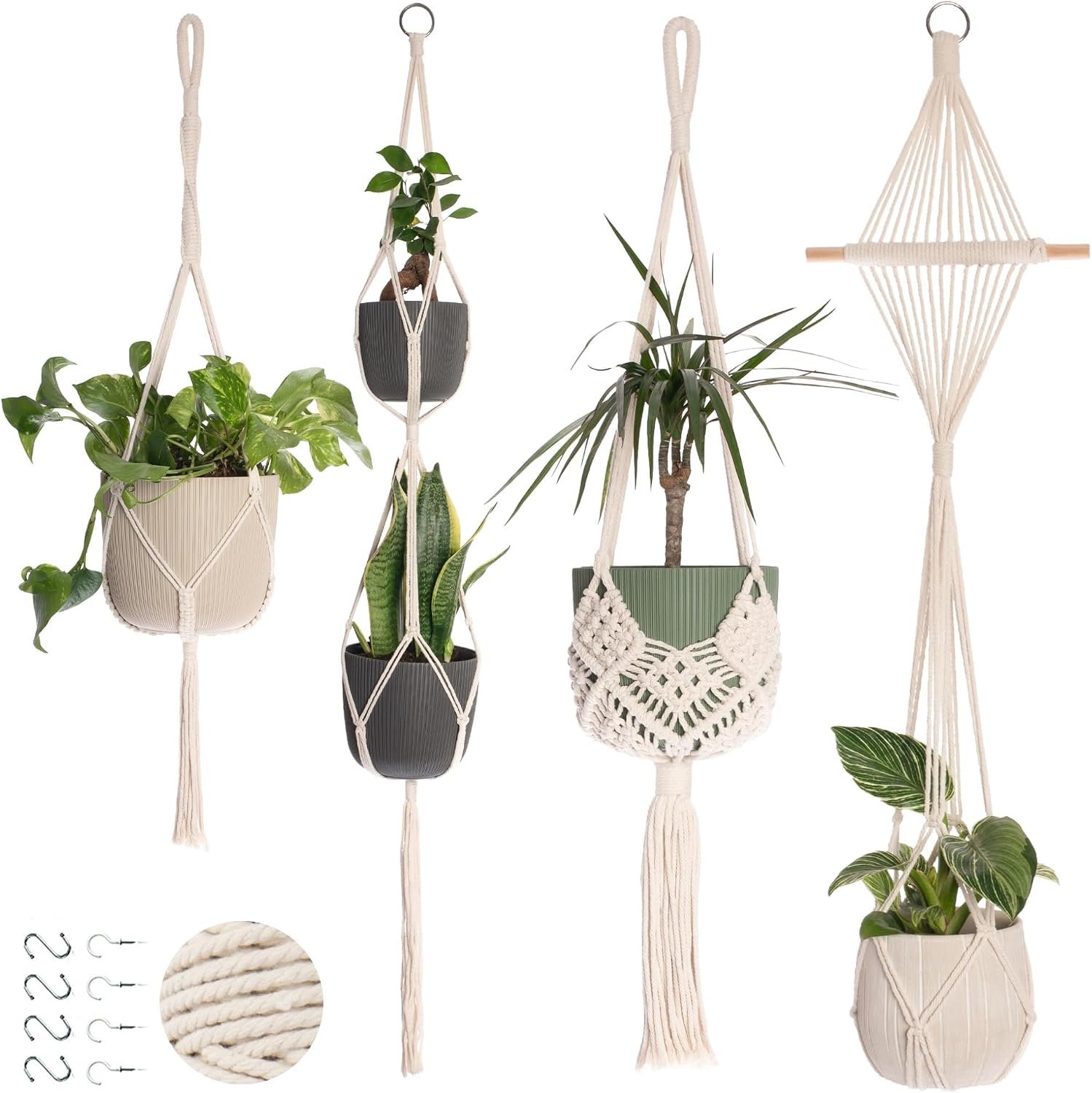 Nook Theory 4-Pack Macrame Plant Hangers with 8 Hooks – Hanging Planters for Indoor Plants, Boho Macrame Hangers Indoor Outdoor, Decorative Plant Hanger Indoor (Cream)