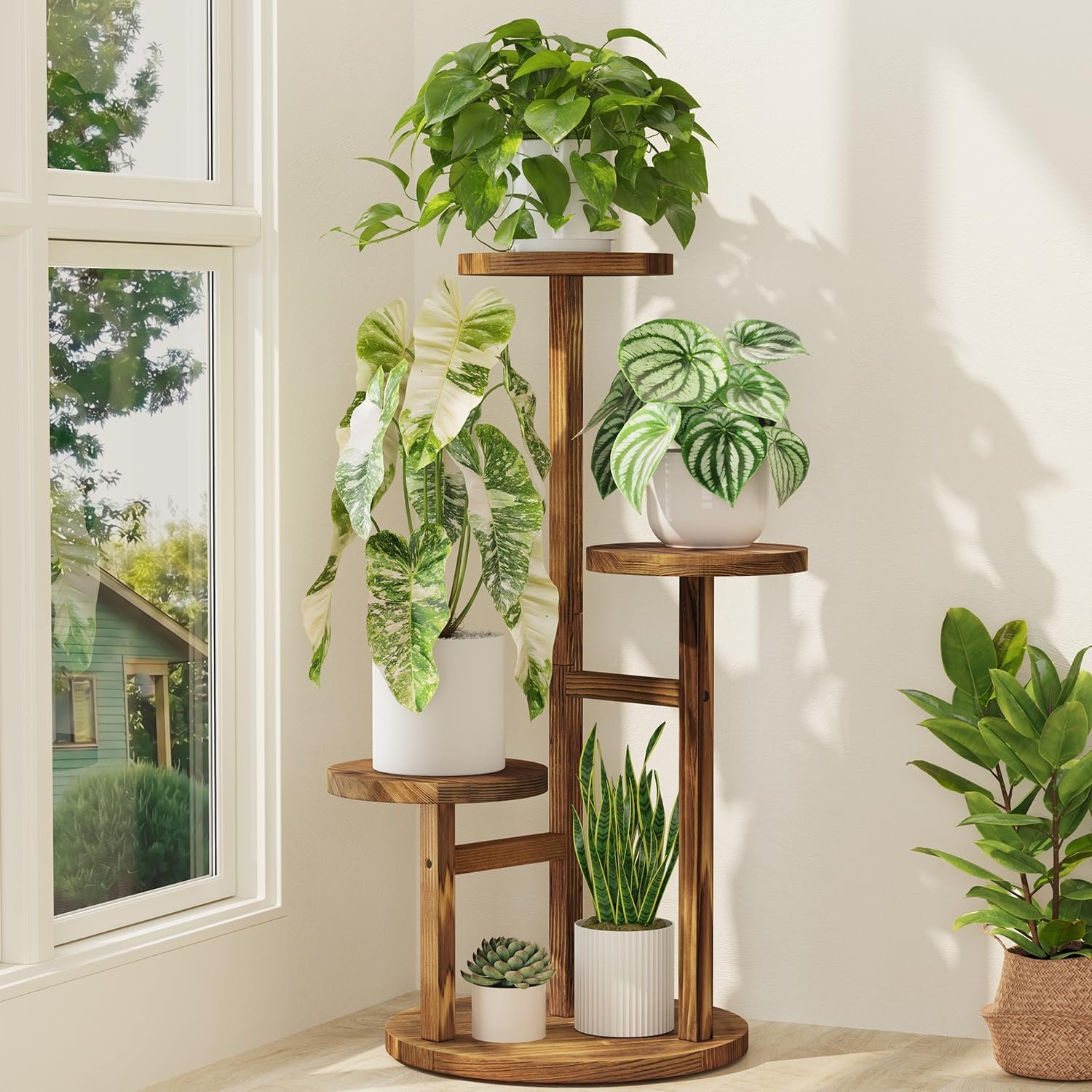 iDavosic.ly 3 Tier Wood Plant Stand Indoor Outdoor Corner Tall Shelf, Brown