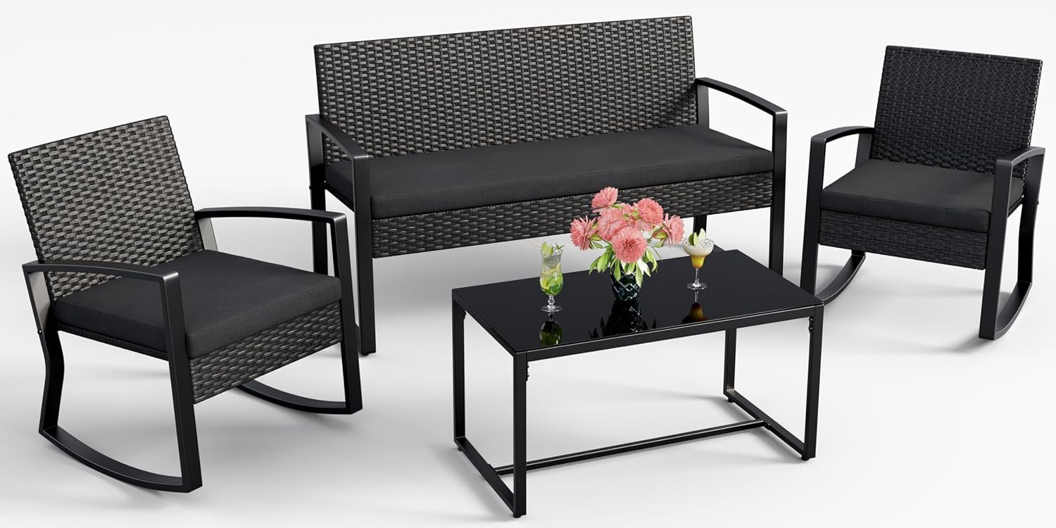 Ahomly 4 Piece Outdoor Patio Furniture Set with Rocking Chairs, Black