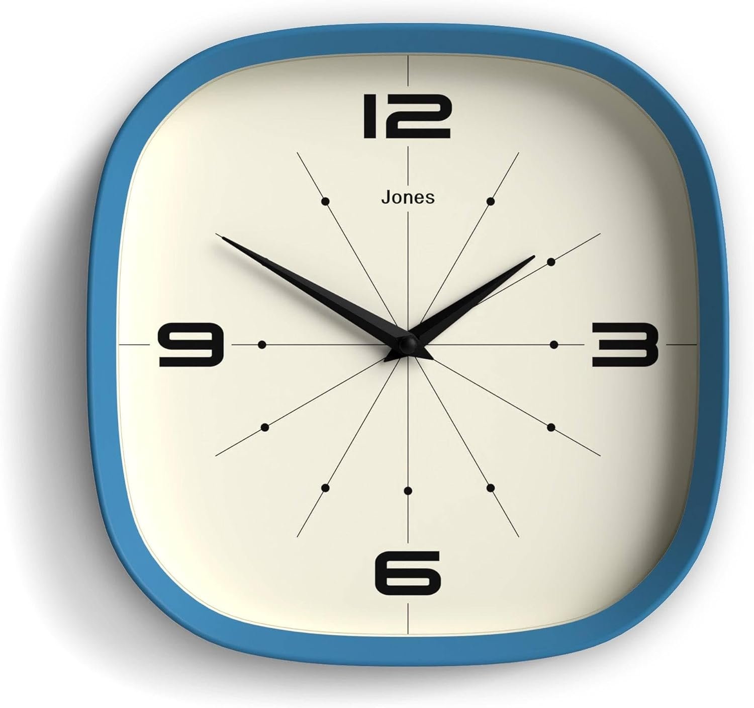 JONES CLOCKS® Pulsar wall Clock | Square Rounded Retro Clock | 10″ | Blue | Cool Designer Look for Kitchen, Living Room or Office