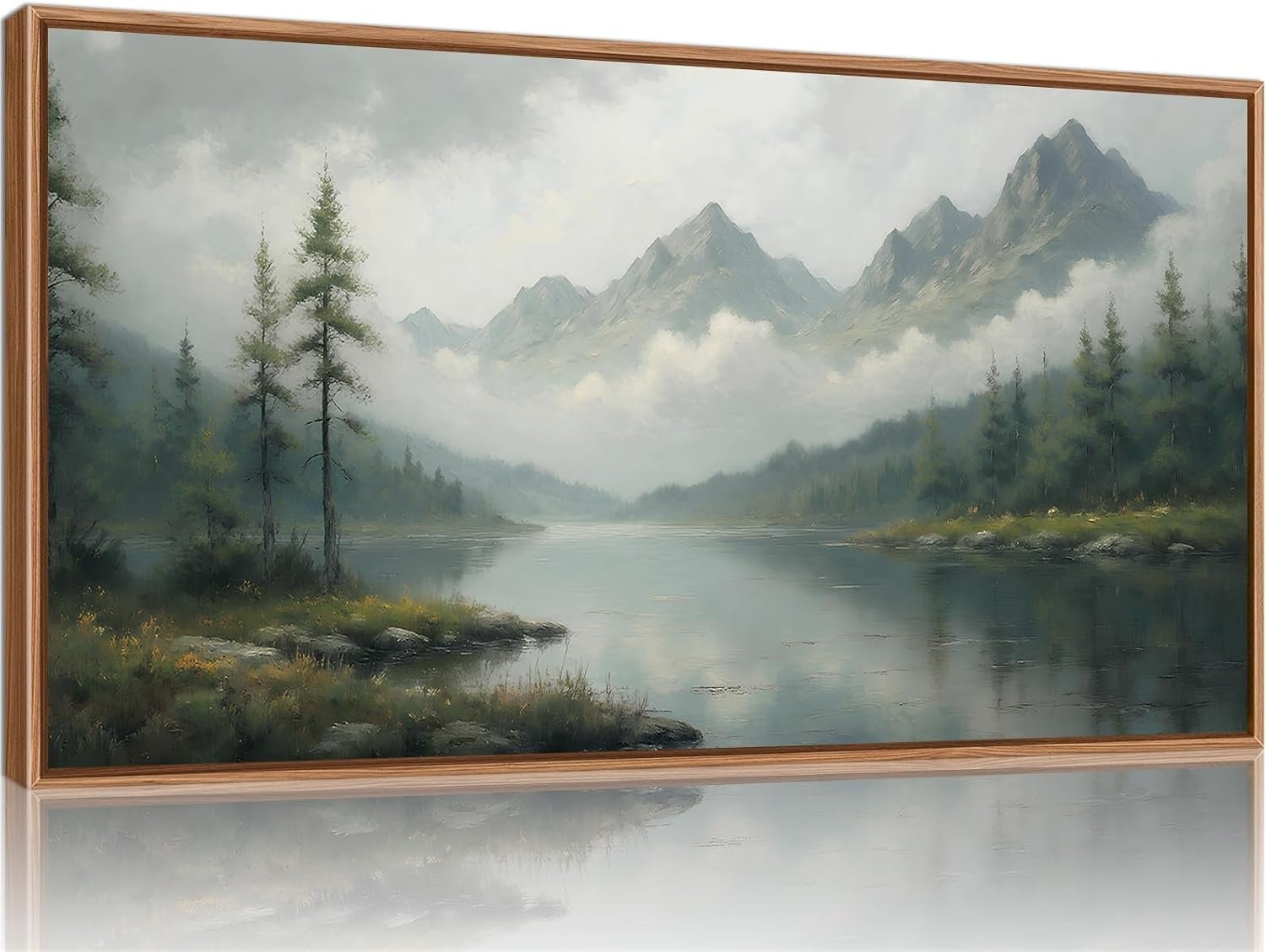 SIGNINART Large Green Forest Framed Canvas Wall Art, Misty Mountain Lake Wall Decor, Modern Foggy Wood Landscape Artwork, Nature Oil Painting Art Print for Living Room, Bedroom, Office 20″x40″