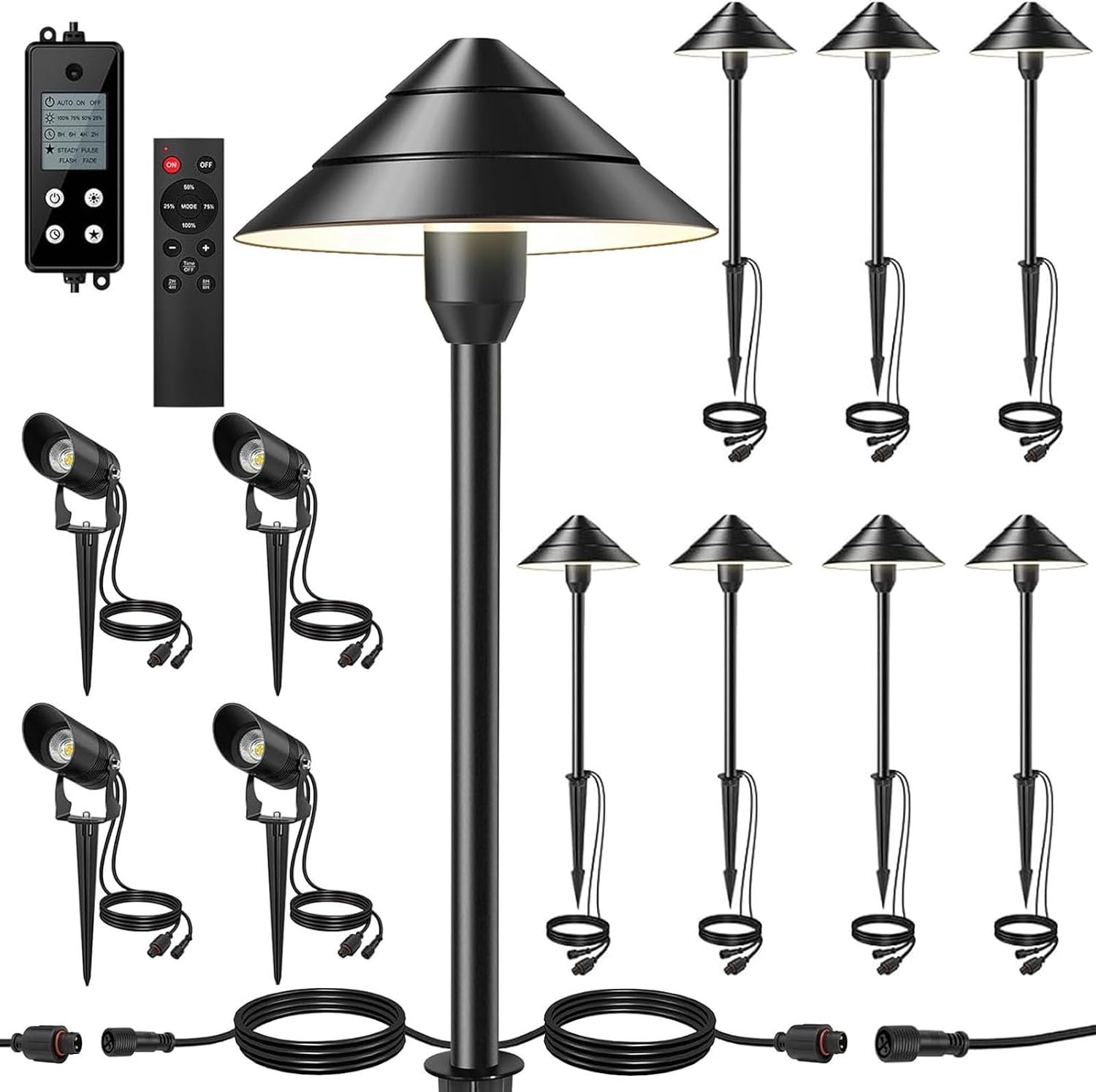 12-Light Low Voltage Landscape Lighting System, 8 Pathway Lights & 4 Spotlights, 60W 24V ETL Controller, Plug-and-Play, IP65 Waterproof, Remote & Timer, 3000K Warm White, 127FT for Path Garden