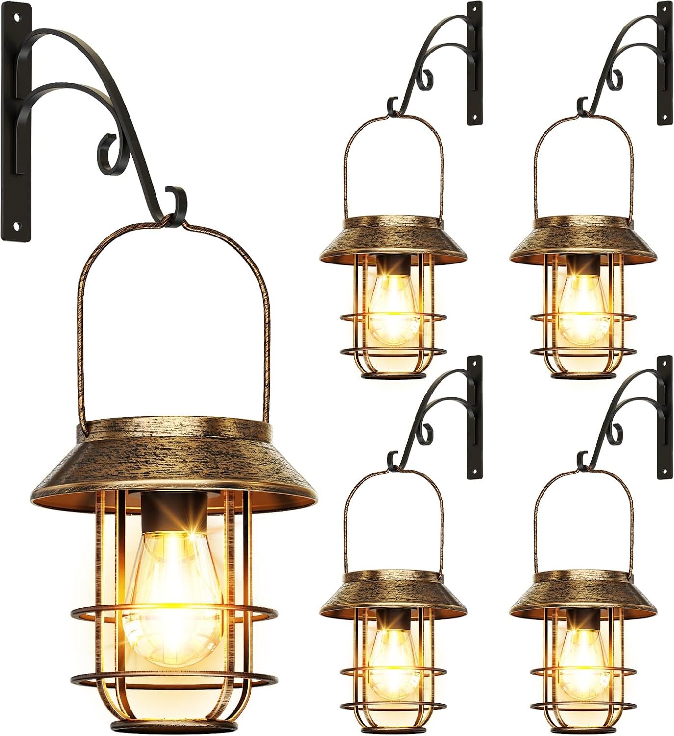 Metal Solar Lanterns, Bronze Hanging Solar Lights for Outside, 4 Pack