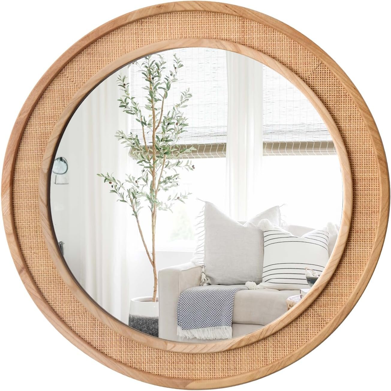 Round Rattan Mirror 24″ Circle Wall Mirror Farmhouse Wooden Vanity Mirror