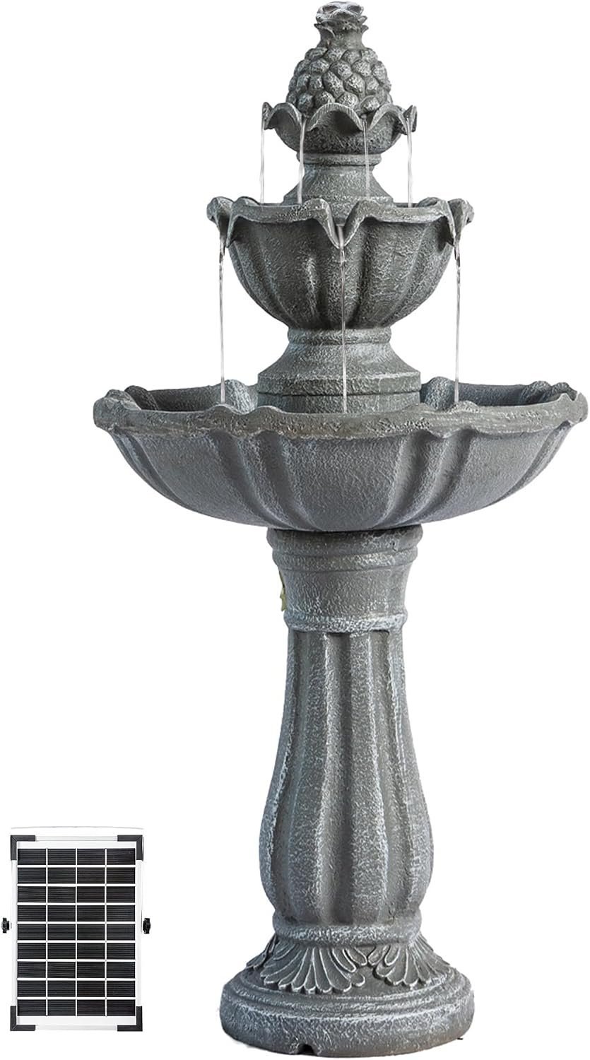 XBrand 36.2 Inch Solar Water Fountain Outdoor, 2-Tier Freestanding Garden Fountain with Solar Panel Pump, Resin Birdbath Fountain for Patio, Yard, Lawn & Porch Decor, Outdoor Water Feature, Gray