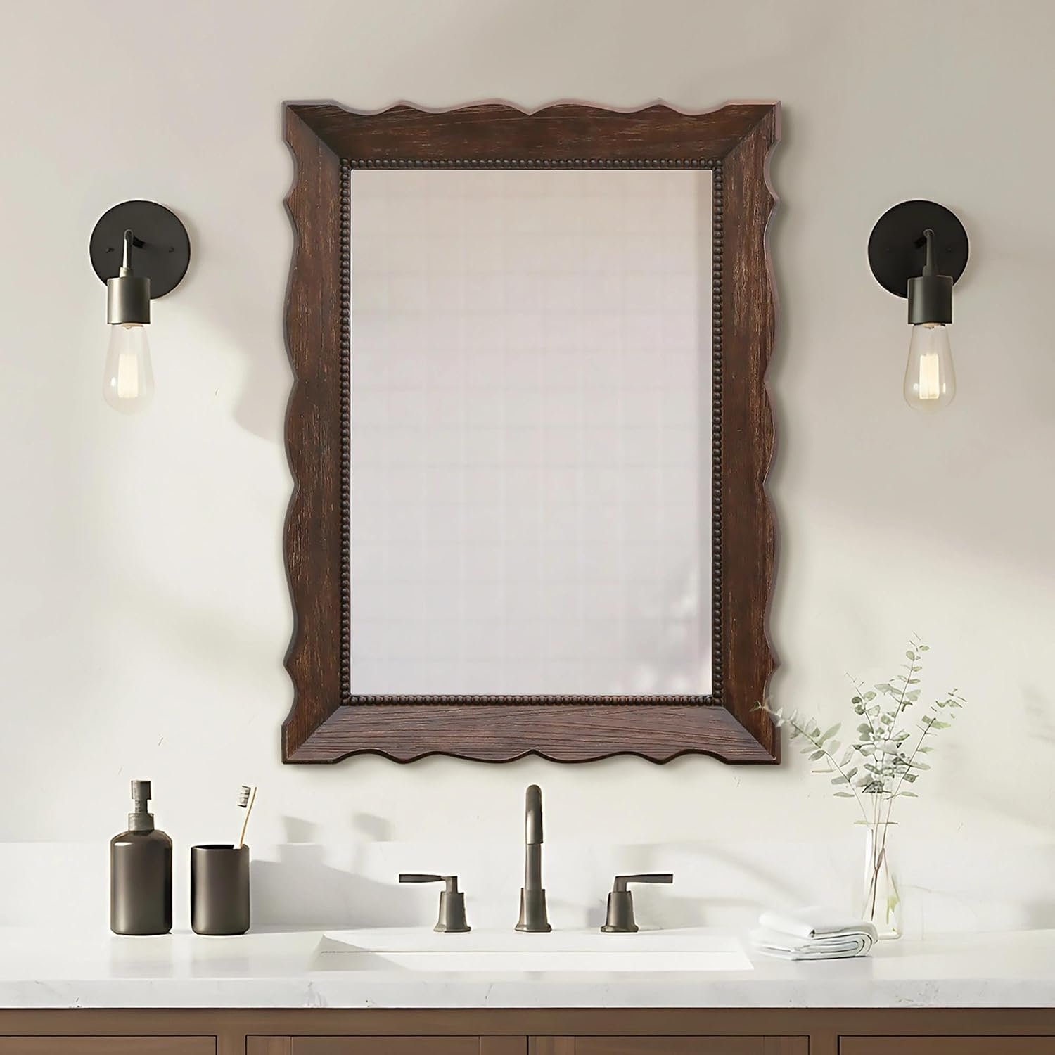 Besdomus Rustic Wood Frame Mirror: 24″x32″ Dark Brown Wood Bathroom Mirror