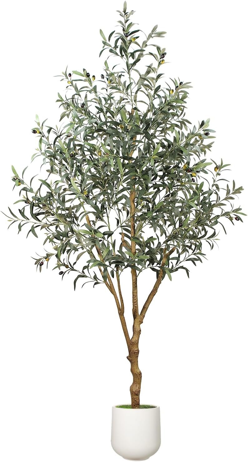 6FT Olive Trees Artificial Indoor – Realistic Artificial Olive Tree Indoor with White Planter, Large Full Fake Plants with Lifelike Fruits and Leaves for Modern Home Office Living Room Decor