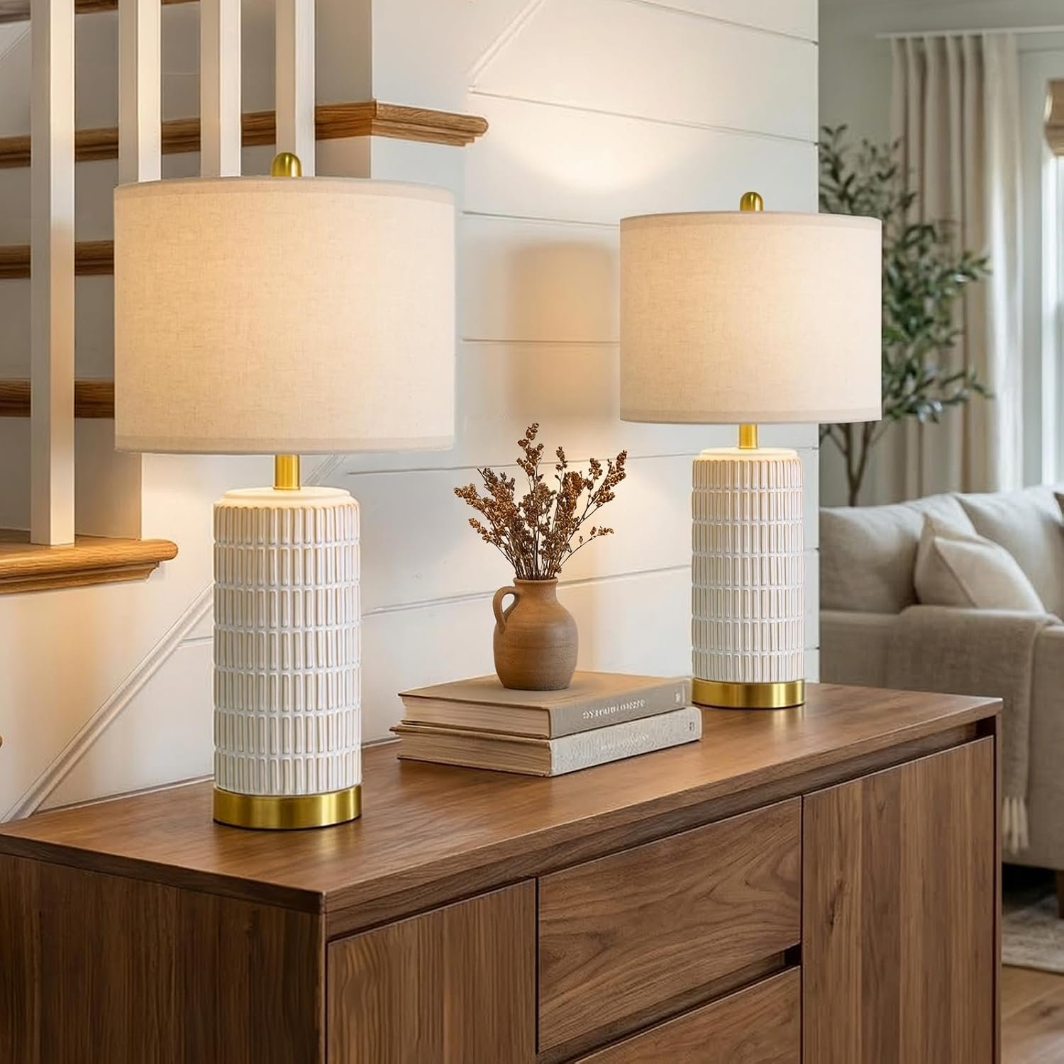 PoKat Ceramic Table Lamps Set of 2 for Bedroom Living Room, 21.5” White