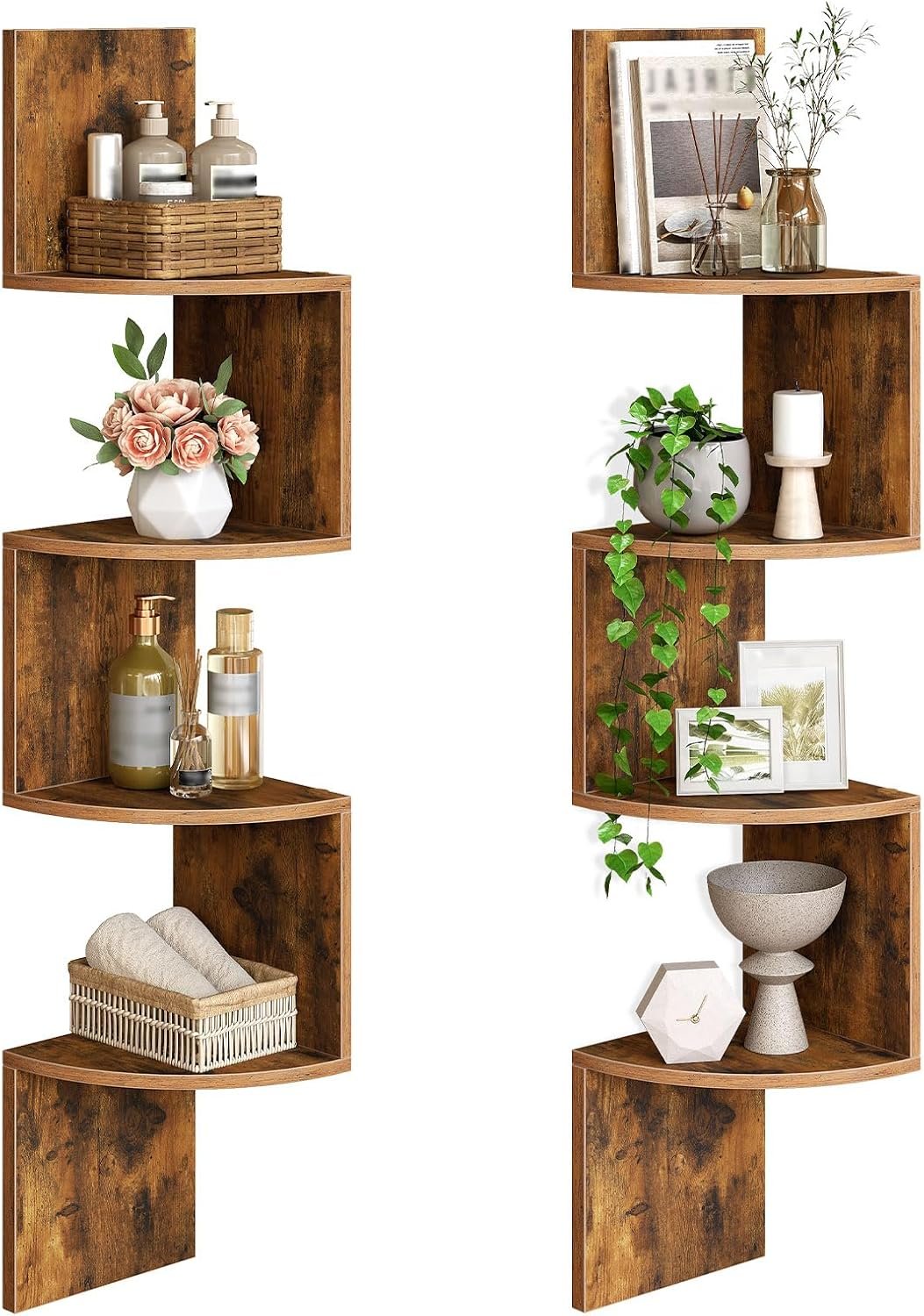 HOOBRO Corner Shelf Wall-Mounted, Set of 2 Floating Corner Shelves for Wall, 4-Tier Corner Bookshelves Floating Shelf for Wall Corner Shelves for Living Room Bedroom Bathroom Home Office Rustic Brown