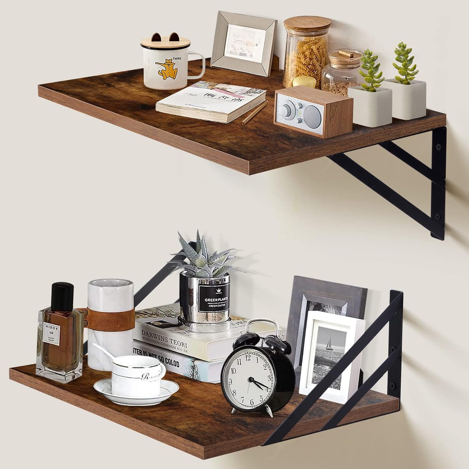 Tectocker-DOU 2 Pc Deep Floating Wall Shelves, Heavy Duty, 16×12, Brown