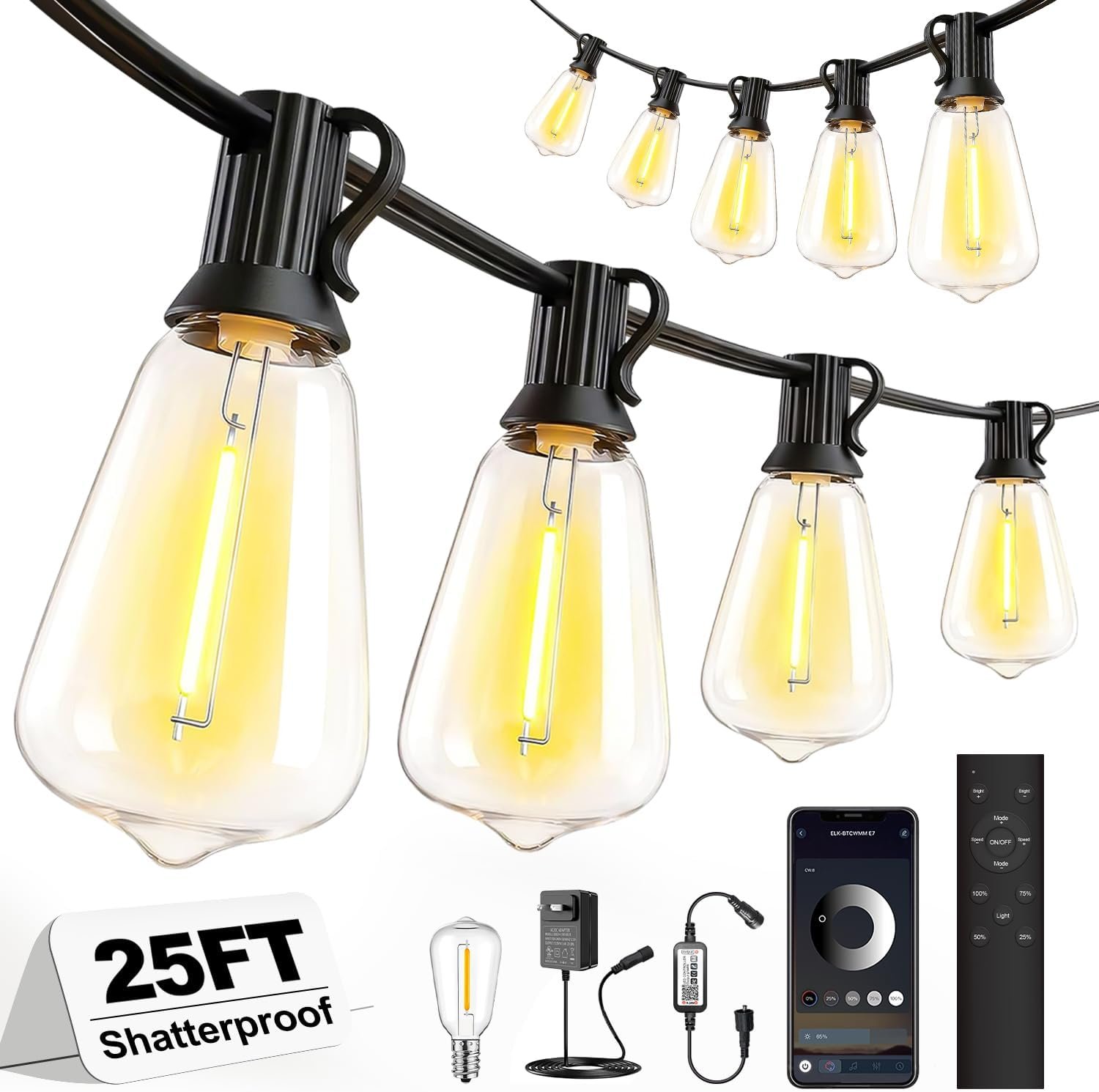 Outdoor String Lights 25FT, APP & Remote Control Dimmable Patio Lights, Plug in LED String Lights with Timer, Waterproof Backyard Pergola Garden Party Decor