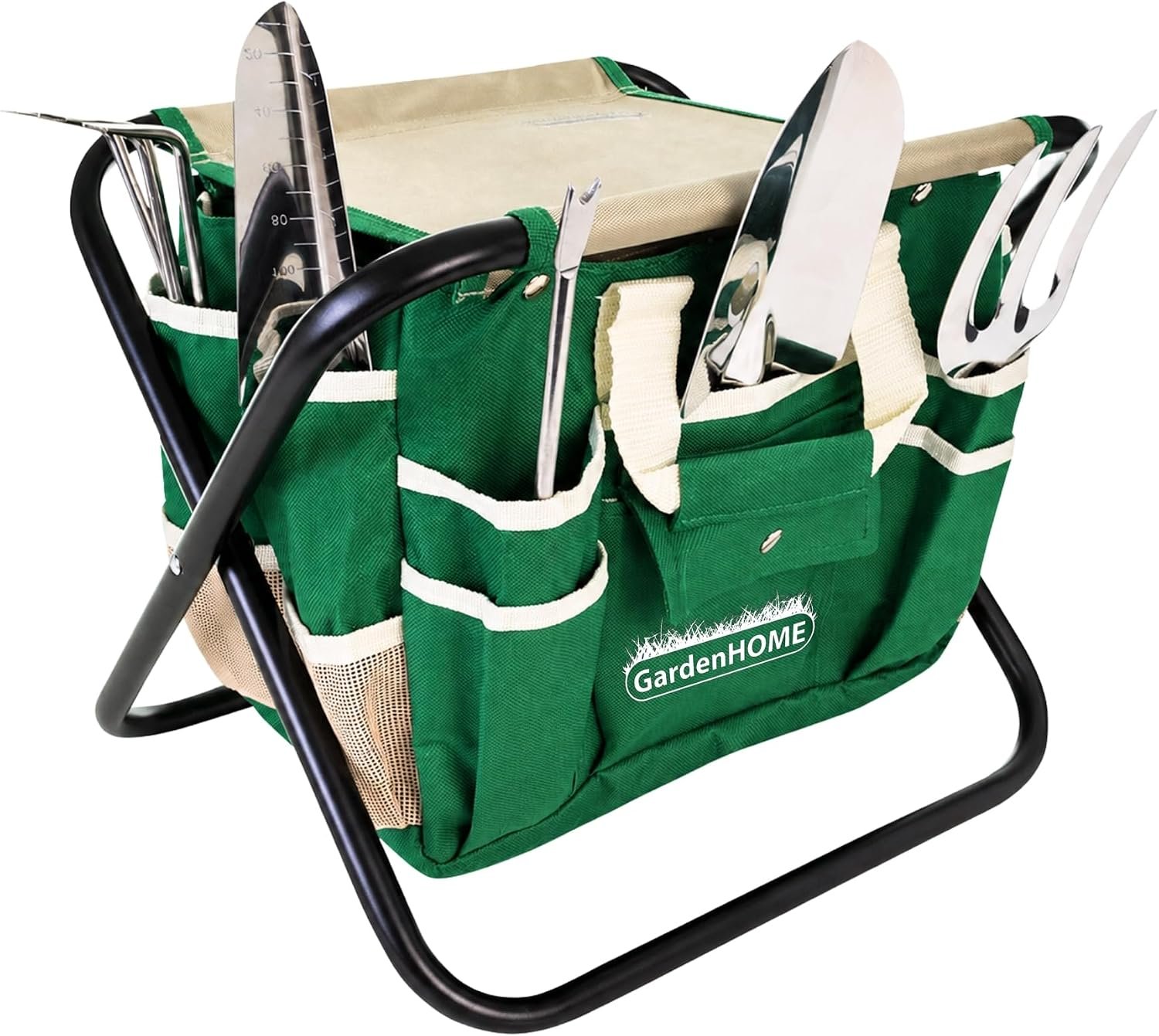 GardenHOME 7-Piece Garden Tool Set with Folding Stool & Storage Tote