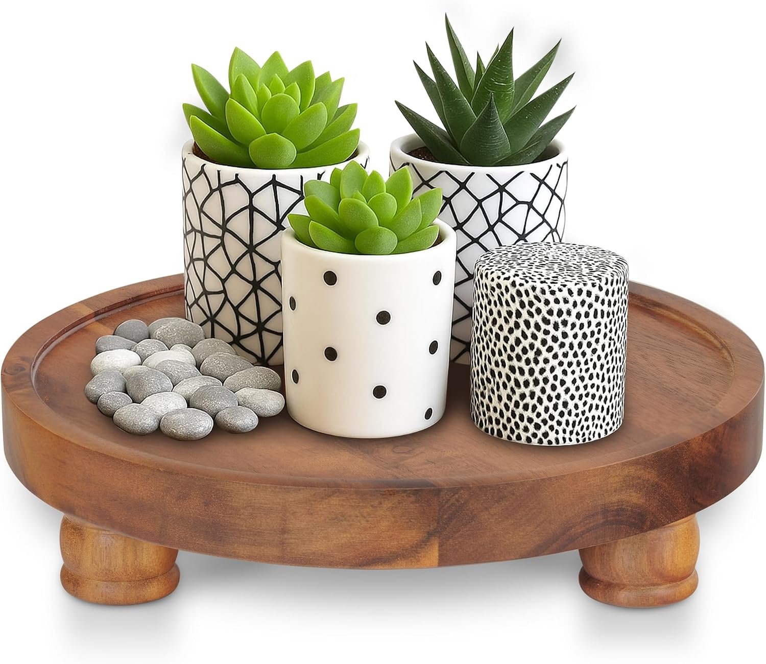 Demigo Acacia Wood Round Tray, 10 in Pedestal Riser Stand for Plant Decor