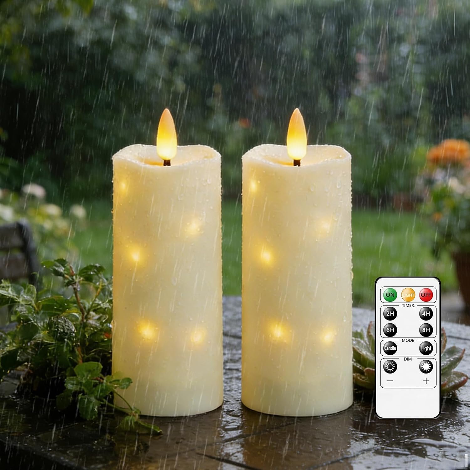 Nimiko Waterproof Outdoor,with Timer & Remote – 2 Pack Flameless LED Candles, Battery Operated Candles (D2.2 xH6/6, Ivory) Used for Home Decoration and Holiday Decoration
