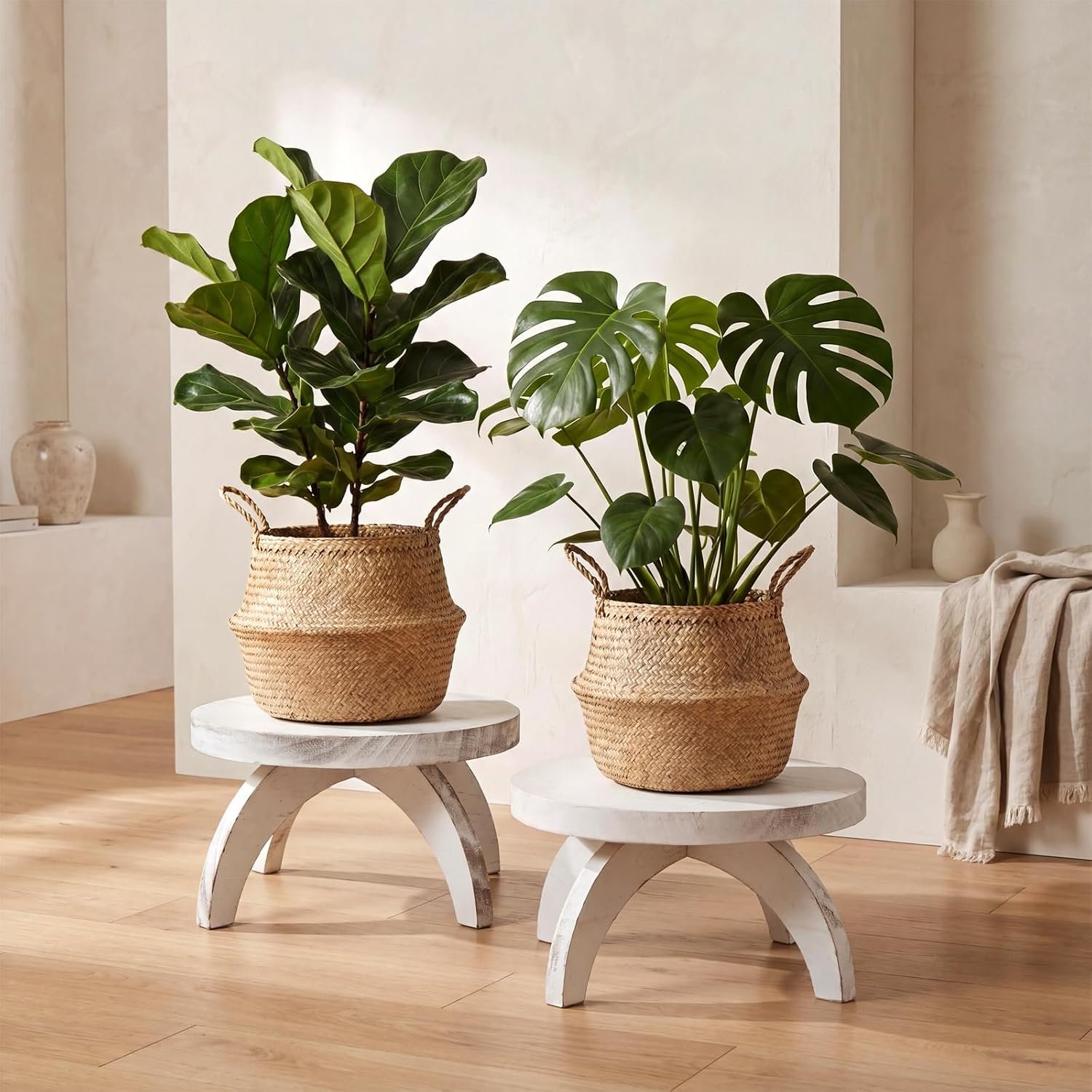 Novabright 2 Pcs Short Plant Stand Small Wood Plant Stool, White
