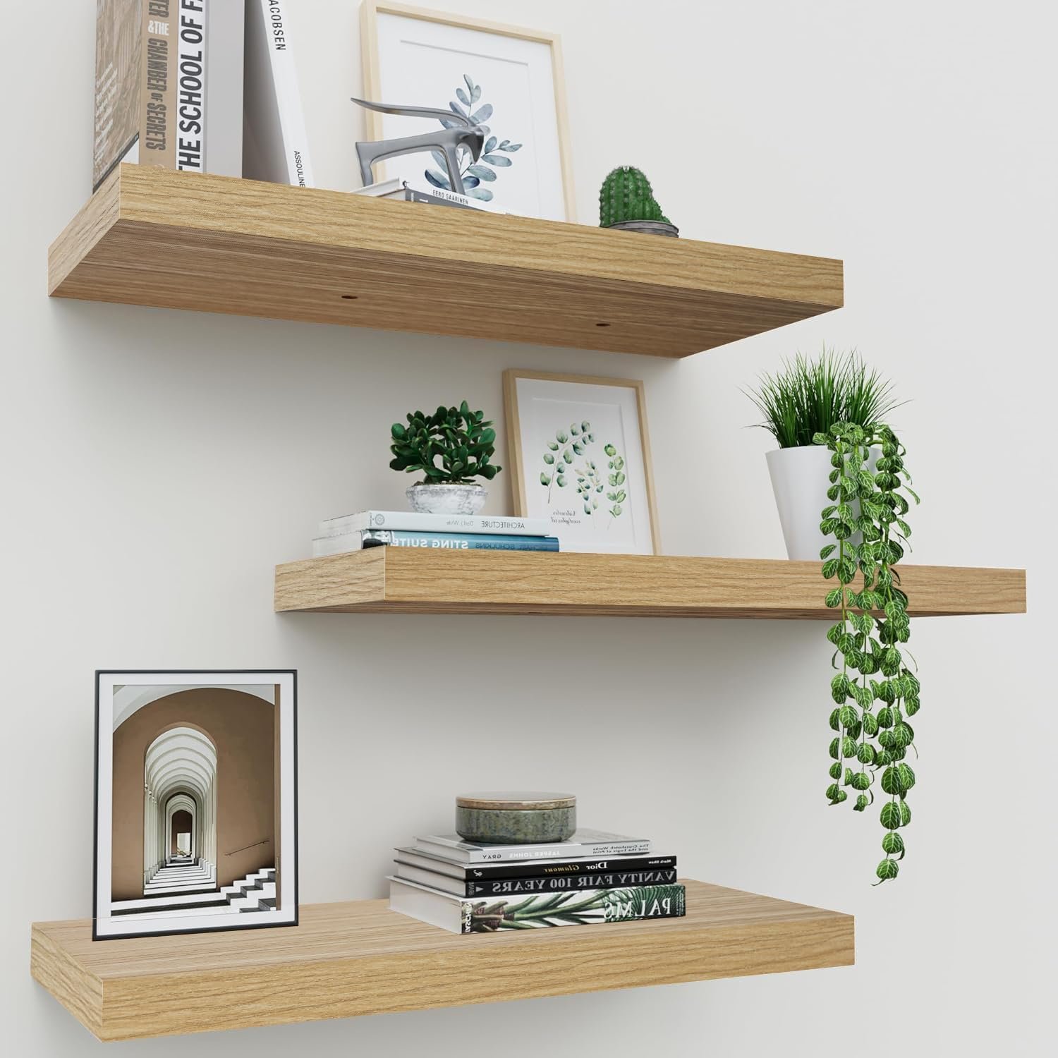 Floating Shelves for Wall Set of 3, 16 Inch Light Brown Shelves Bedroom