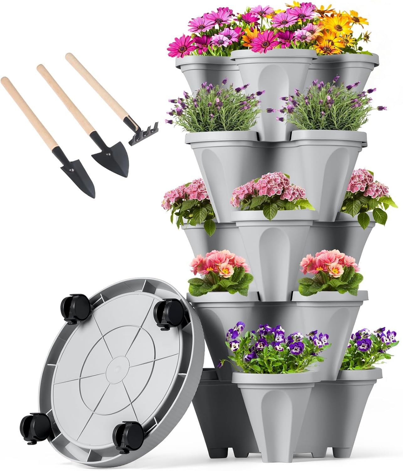 GameXcel Vertical Planter Tower – 5 Tier Stackable Garden Planters with Wheels and Tools Plant Pots for Strawberry Herb Flower and Vegetable Indoor Outdoor Use Gray