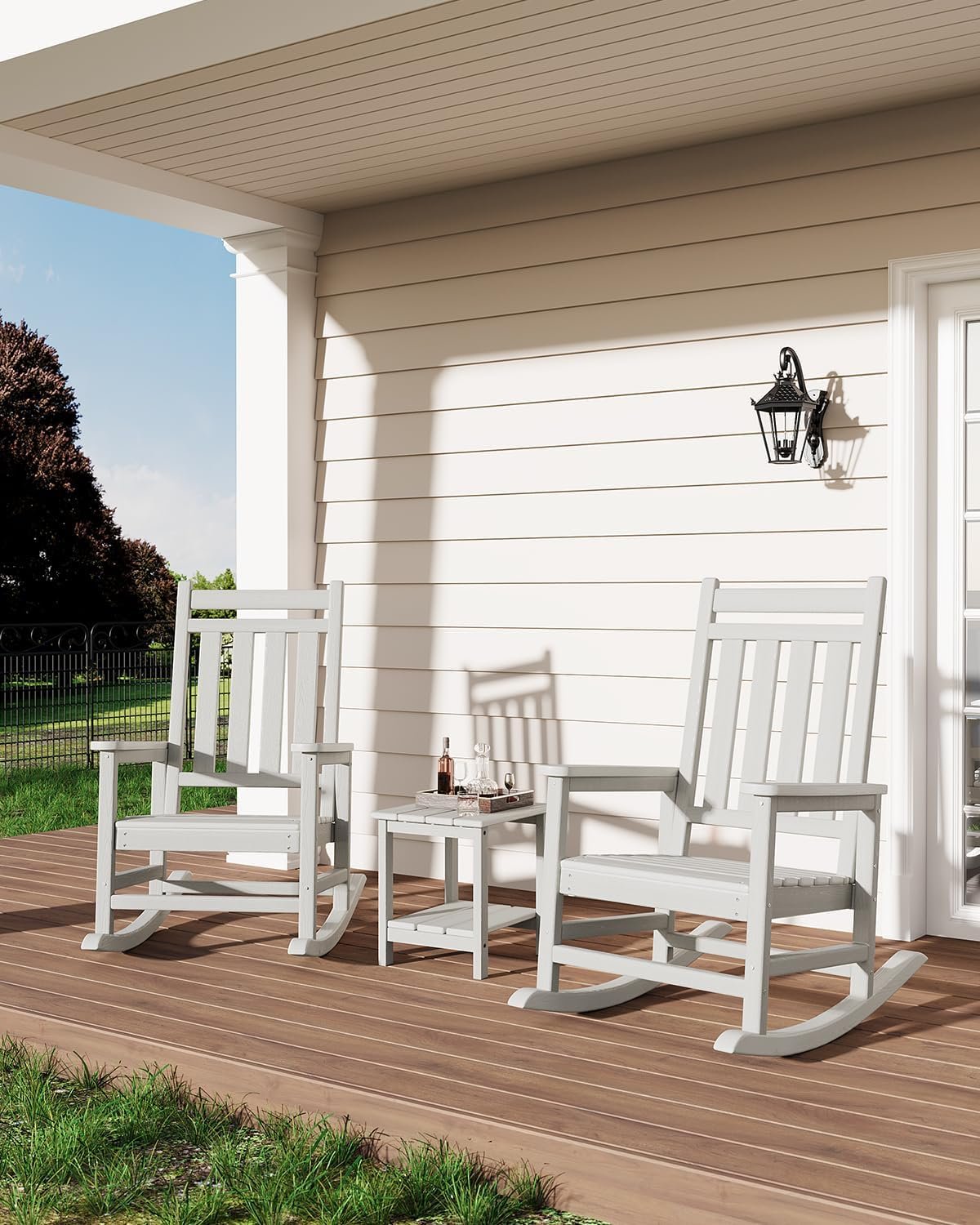 GarveeLife Poly Lumber Rocking Chair Outdoor Set of 2 with Side Table – HDPE High Back Porch Rocker Chairs for Adults – All Weather Resistant Furniture for Patio – White