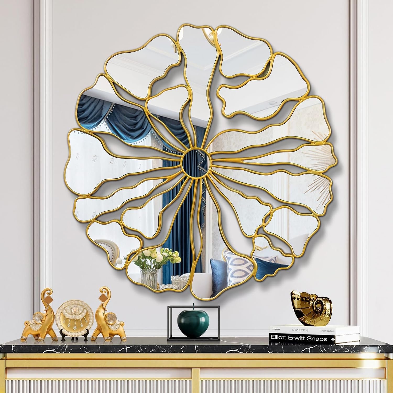 Gold Wall Mirrors Decorative, 32” Large Round Mirrors for Wall Decor, Flower Shaped Decorative Wall Mirror for Living Room, Bedroom, Dining Room