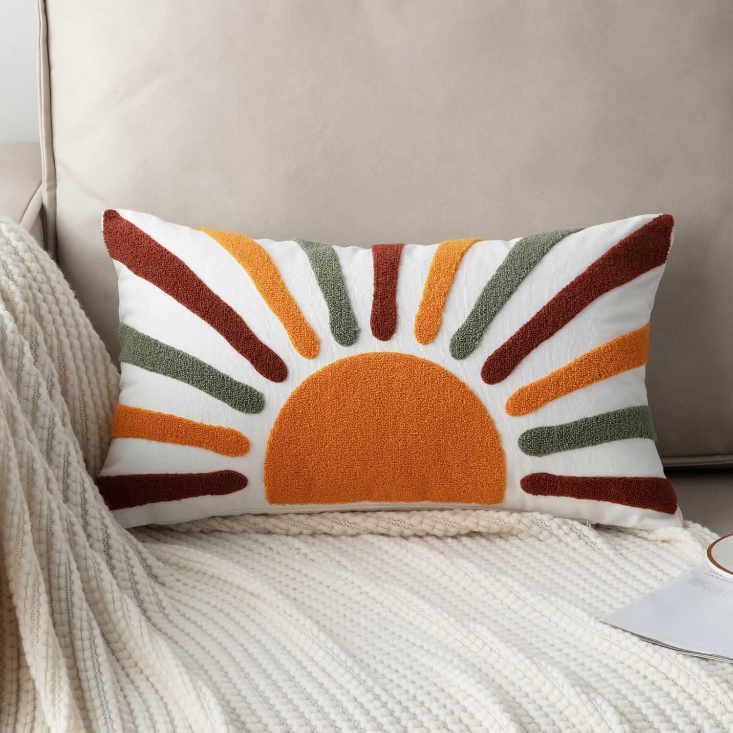 Embroidered Bohemian Style Sun Decorative Throw Pillow Cover, Lumbar Boho Sun Pillow Cover 12 Inches x 20 Inches Cover Only