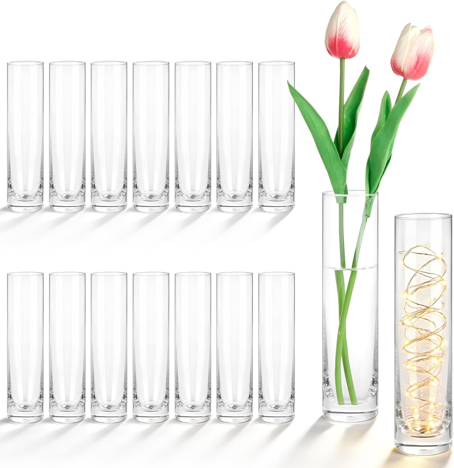 Set of 16 Glass Cylinder Bud Vases for Centerpieces, 7.5”H x 1.8”W