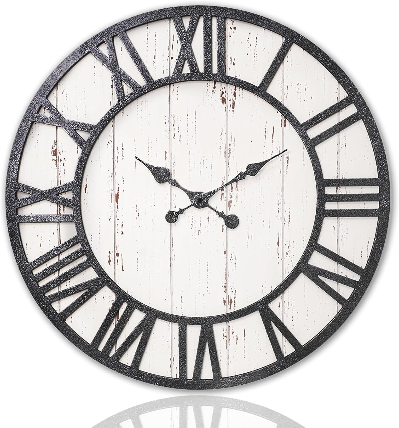 Large Farmhouse Wall Clock, 24″ Rustic Roman Numerals Wooden Wall Clock for Living Room, Battery Operated, Silent (Silver & Black)