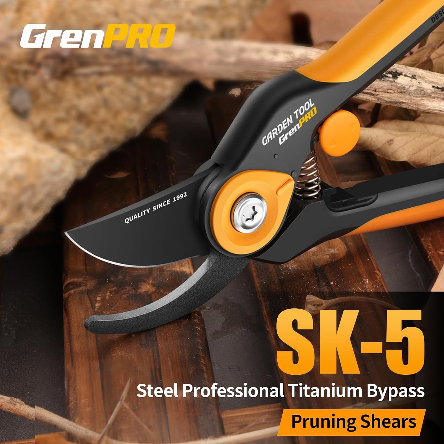 GRENPRO Heavy Duty Bypass Pruning Shears, 8.6″, 1.38″ Capacity, Orange